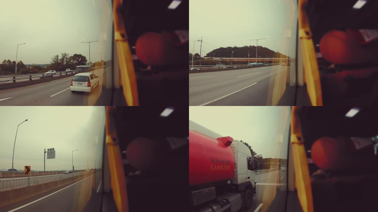 从公共汽车看首尔城市的场景时间流逝，旅行概念，首尔交通