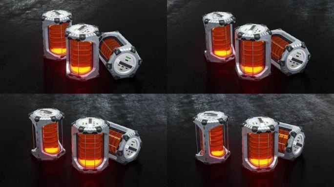 慢速移动3个带有发光橙色圆柱体的SciFi六角电池