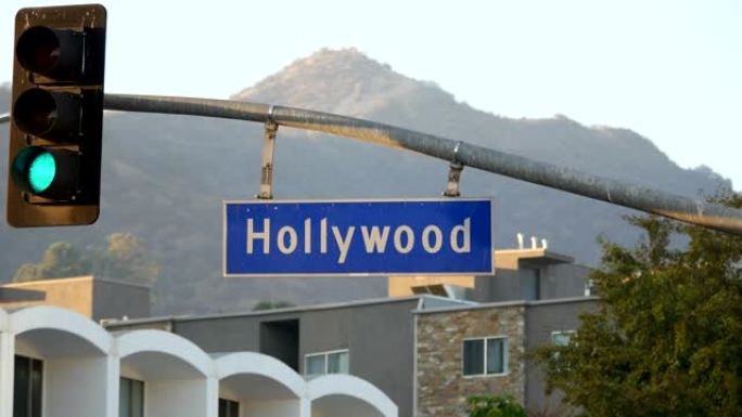 4k好莱坞大道街道标志和交通信号灯