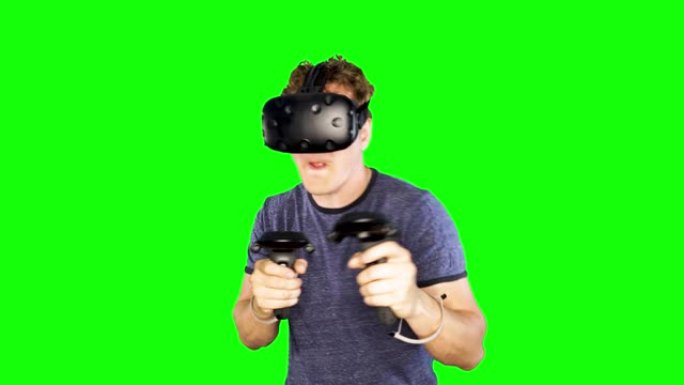 男人在VR中玩射击游戏。