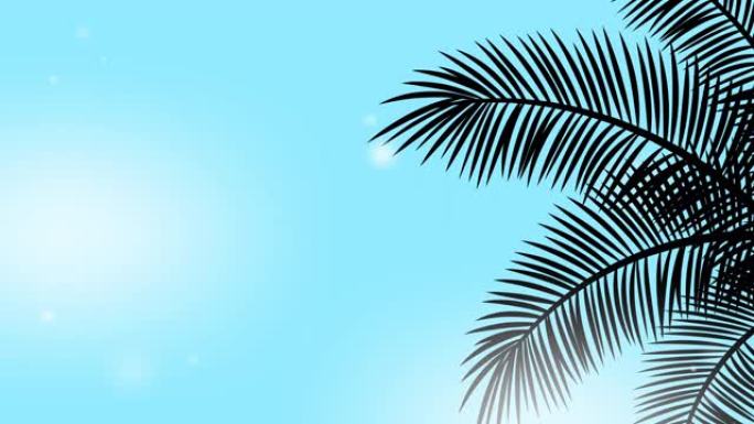 暑假背景，循环动画镜头，在明亮的蓝天上摆动热带棕榈树的树枝，闪耀着微小的星星和你的复制空间。