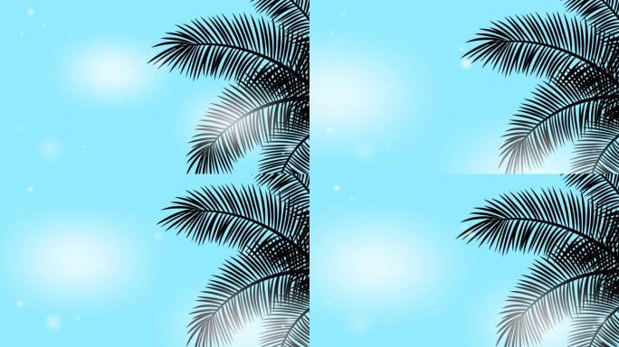 暑假背景，循环动画镜头，在明亮的蓝天上摆动热带棕榈树的树枝，闪耀着微小的星星和你的复制空间。