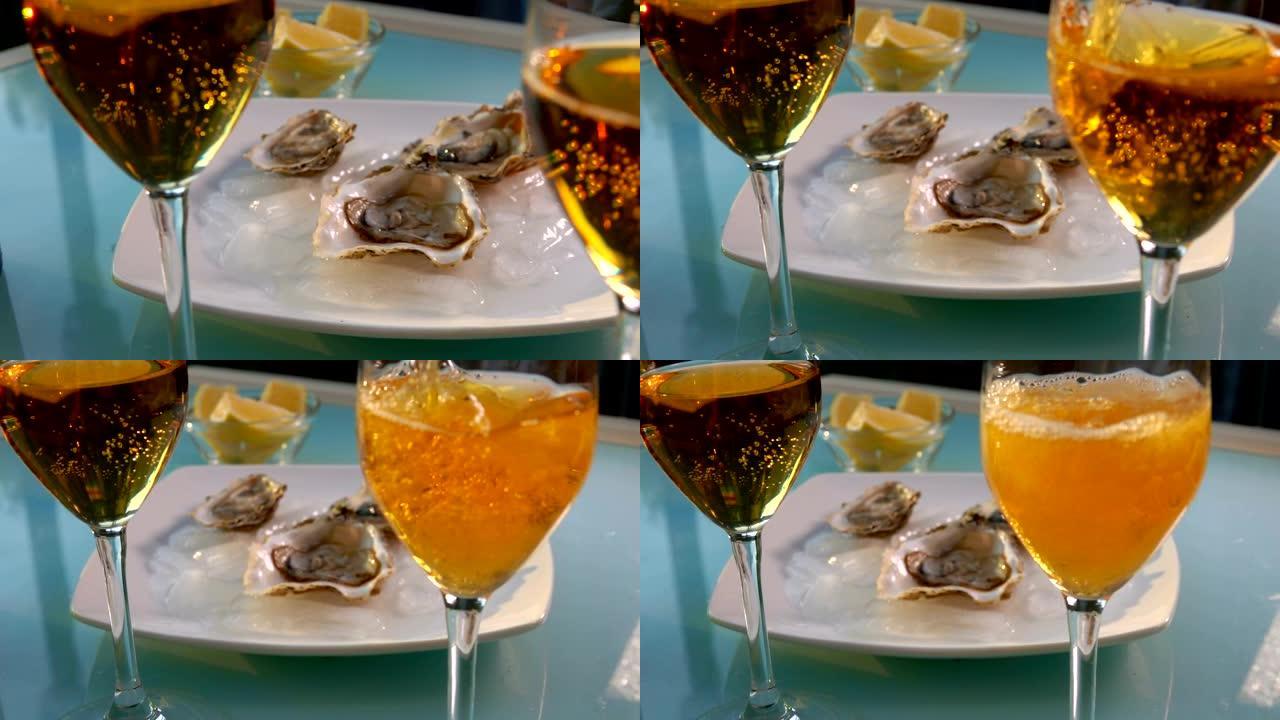 从香槟到开着的牡蛎的全景