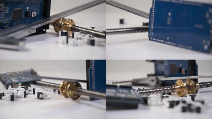 原型板、游标卡尺和带分散按钮开关的丝杠旋转360度。特写