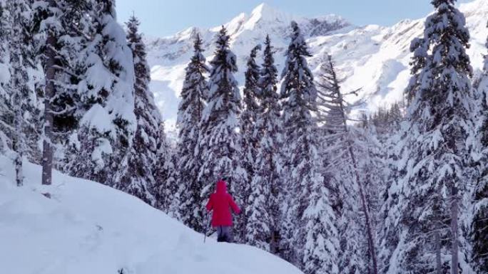 在高山冬季森林中，单身女子雪鞋行走