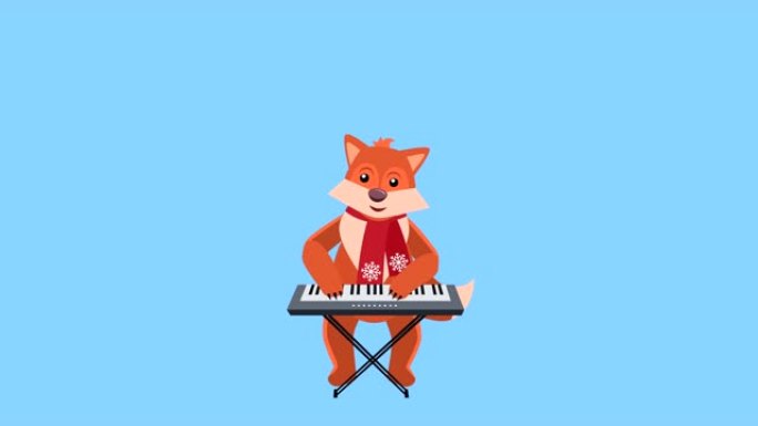 卡通小狐狸扁平圣诞角色播放合成器音乐动画包括哑光