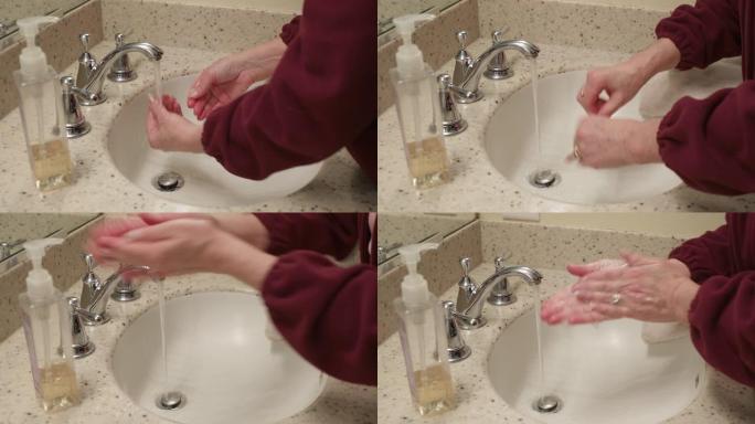 新型冠状病毒肺炎在家庭护理妇女洗手液体肥皂