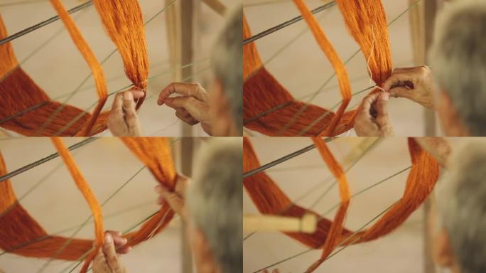 手工织布机上的丝绸棉工业，泰国，选择性聚焦，复古颜色