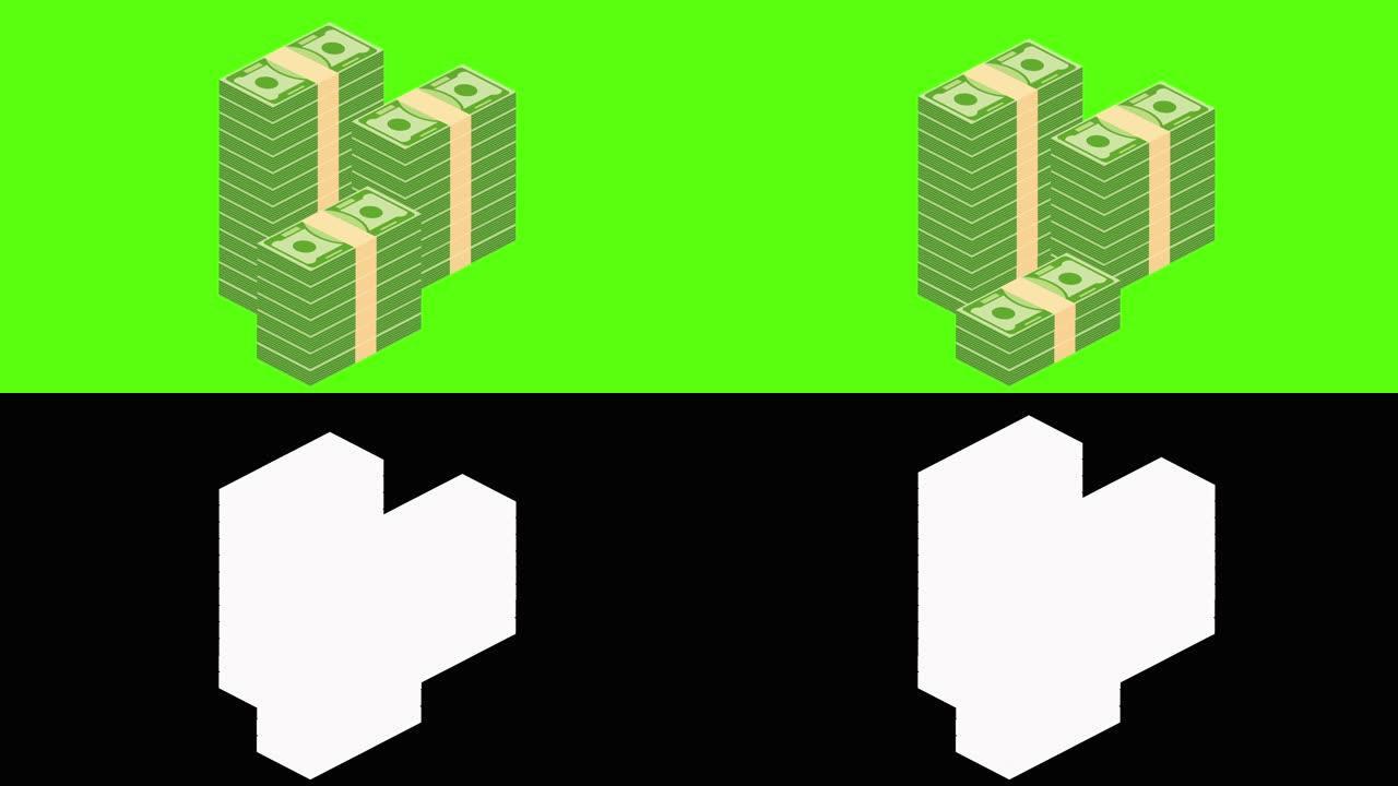 成堆的纸币成长动画与alpha通道。