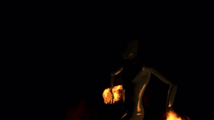 3D图形黑暗的人类形象与危险的火焰共舞