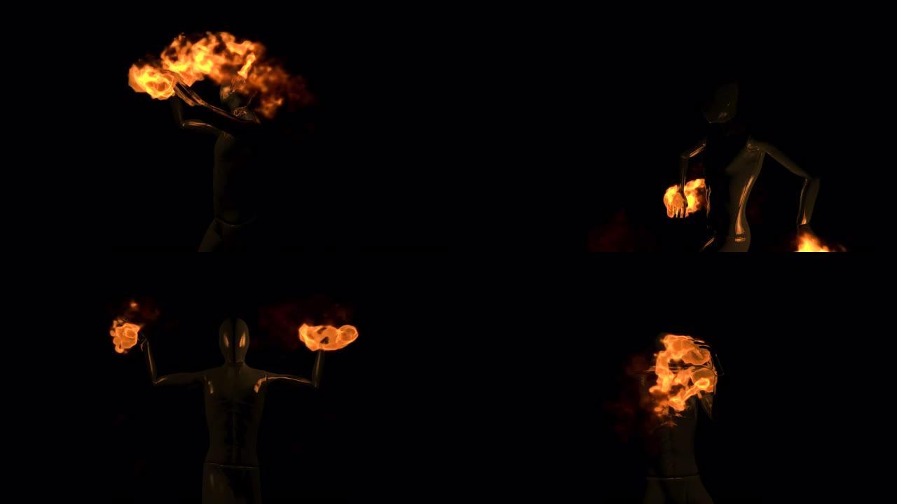 3D图形黑暗的人类形象与危险的火焰共舞