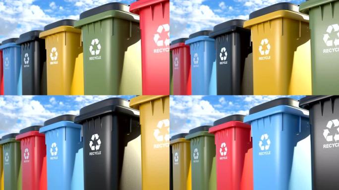 彩色塑料垃圾桶，带有标志，在蓝天背景上回收循环动画。回收、废物分类和节约环境的象征
