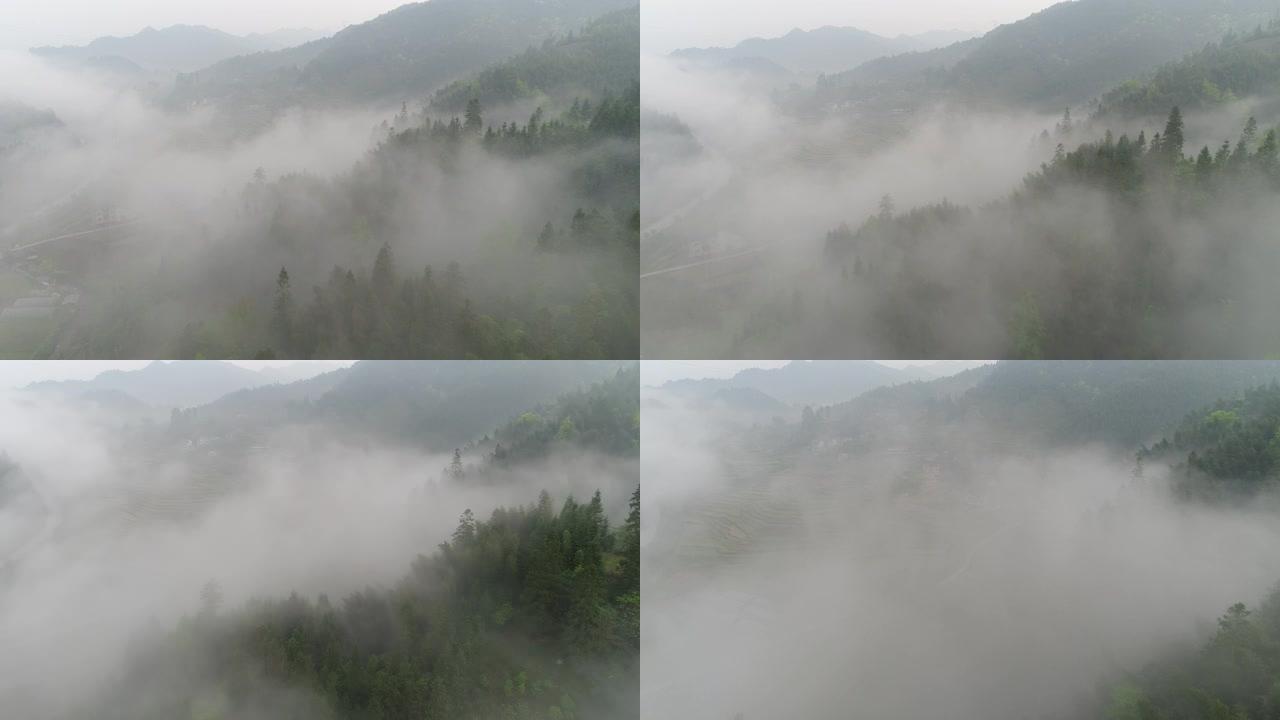 中国桂林森林山腰上的雾的空中拍摄