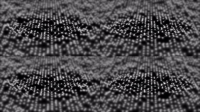 抽象未来的多边形表面，在波浪运动中具有连接点，焦点集中在黑色背景上。