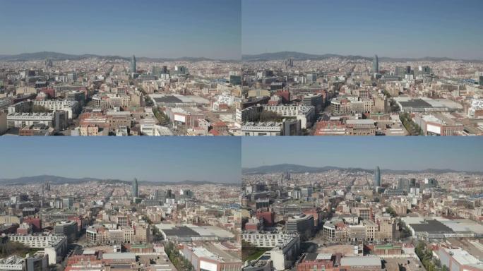 空中: 巴塞罗那宽无人机向城市中心拍摄，圣家堂和托雷·格洛里斯/托雷·阿格巴尔 [4K]