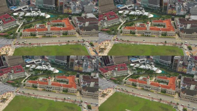 飞越吉隆坡城市宫殿交通河畔阳光明媚的空中俯拍全景4k马来西亚