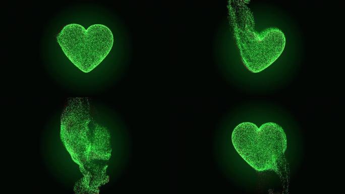 3D渲染带有漂浮在黑暗背景上的流体的心脏粒子