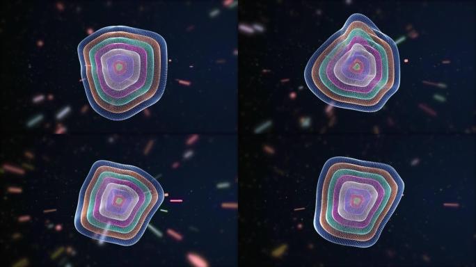 奇妙的连接形成了漂浮在飞越激光粒子空间中的多色圆形结构。