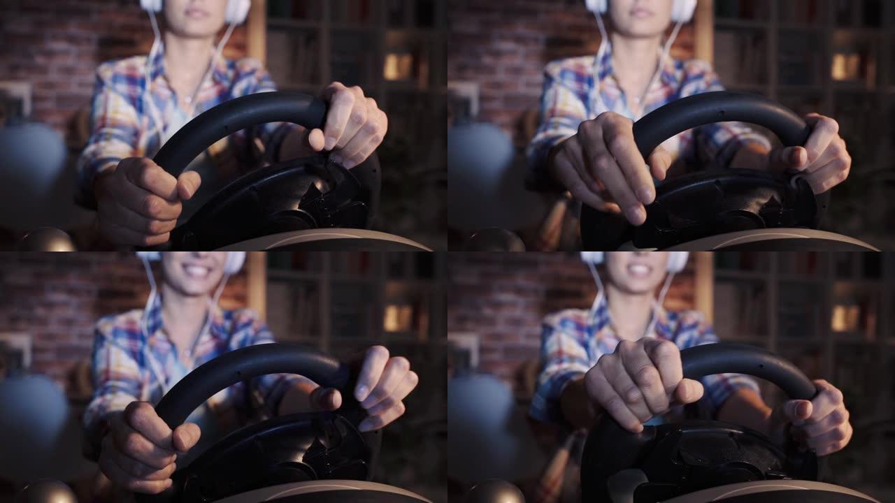 女人用赛车控制器玩电子游戏
