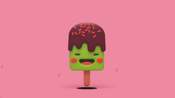 有趣的冰淇淋的3d动画，笑脸跳出粉红色背景地板上的洞。