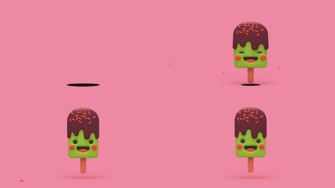 有趣的冰淇淋的3d动画，笑脸跳出粉红色背景地板上的洞。