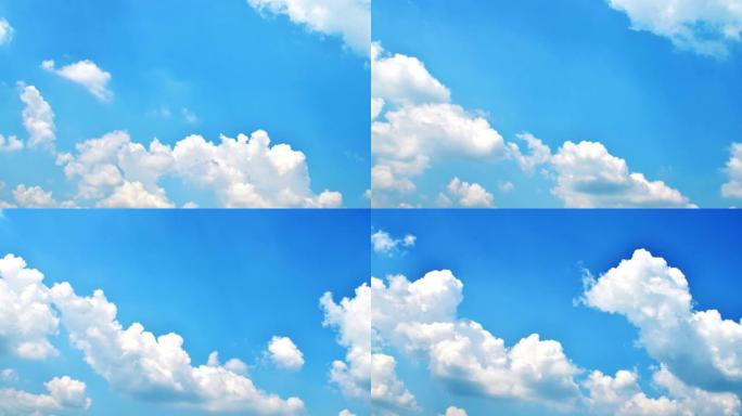 在明亮的蓝天上形成白色蓬松的云，晴天的天空时间流逝