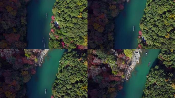 五颜六色的岚山河鸟瞰图，水中的旅游船和秋天的森林，秋天的桂川和船，岚山，京都，日本。