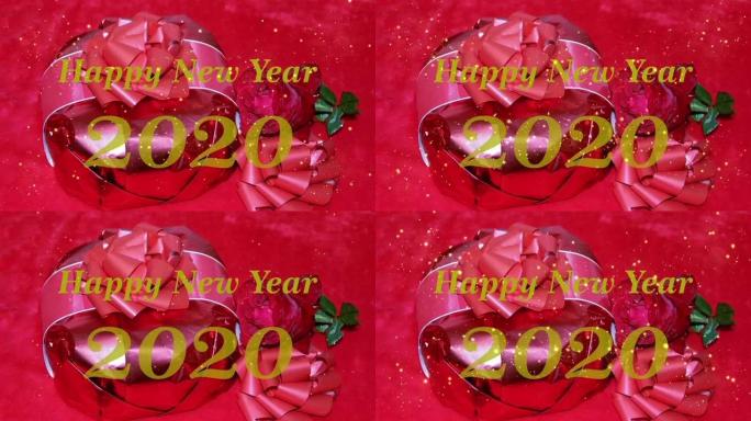 新年快乐2020。雪动画背景上金色闪光的装饰品