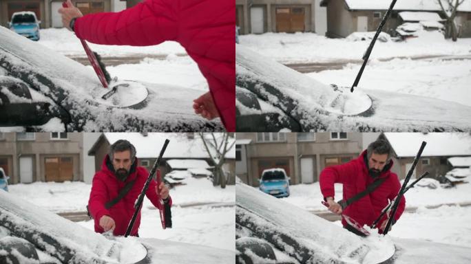 在雪地里开车。成熟的人在第一场雪后清洗汽车。活跃的老年人。