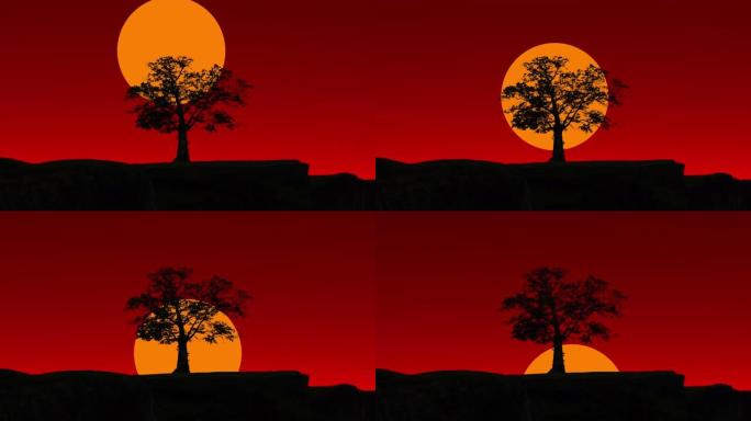 一棵孤独的树映衬着红色的天空日落