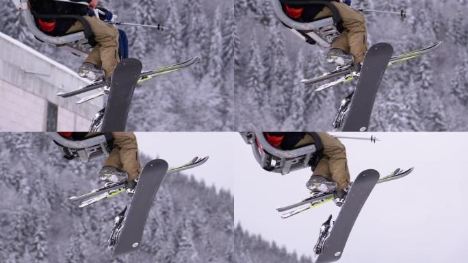 滑雪缆车上的滑雪者。在森林中白雪皑皑的松树的背景下，用滑雪板和滑雪靴的腿