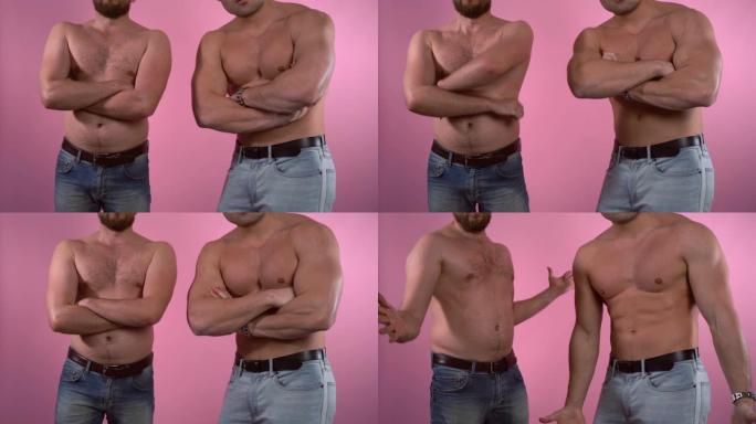胖子和肌肉发达的人在粉红色背景上的比较。胖子模仿运动员的姿势，训练前后的身体，锻炼和正确控制卡路里。
