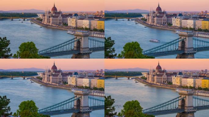 布达佩斯城市天际线，匈牙利议会和多瑙河的链桥，日夜延时，布达佩斯，匈牙利