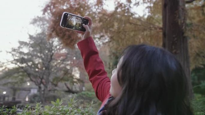 穿着红色衬衫的亚洲妇女在东京市的公园用智能手机拍摄秋叶照片。