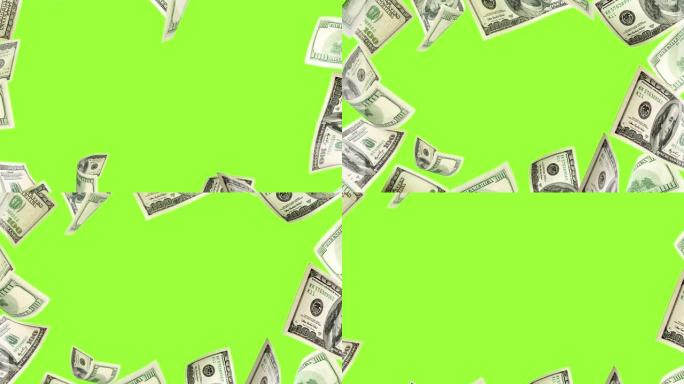 美元符号。美国的钱。现金背景，美国账单。钱落在绿屏上。雨动画