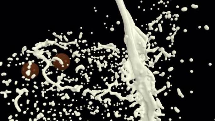 巧克力球碰撞牛奶，高速3d渲染600 fps的超慢动作，轻松改变背景。