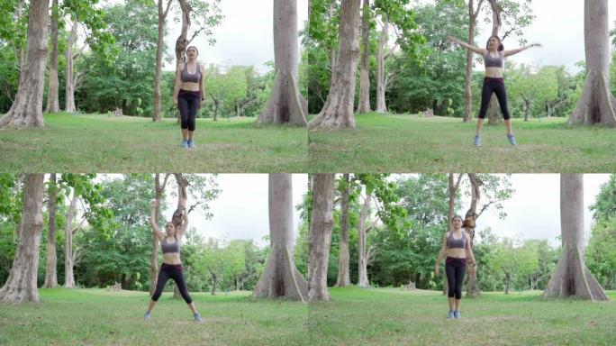 年轻健康的亚洲女性在户外自然公园晨练时伸展身体，健康的生活方式