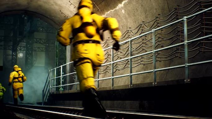 穿着防护化学服装的人穿过隧道。全球大流行期间的后世界末日世界的概念。循环3D动画。