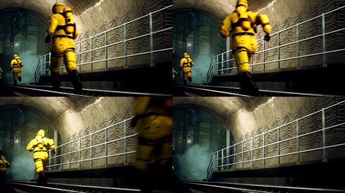 穿着防护化学服装的人穿过隧道。全球大流行期间的后世界末日世界的概念。循环3D动画。