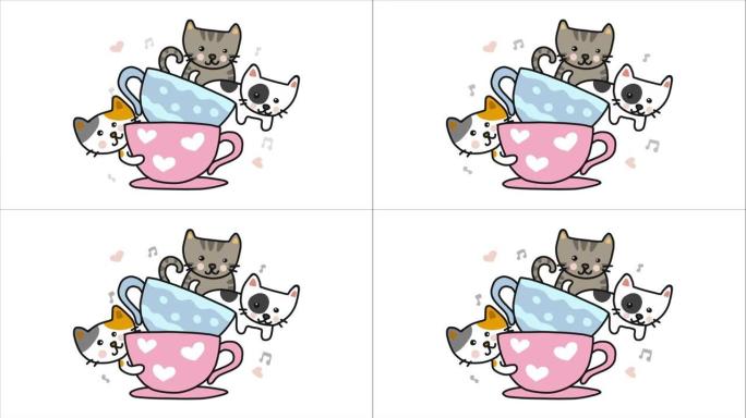 茶杯卡通涂鸦风格可爱的猫