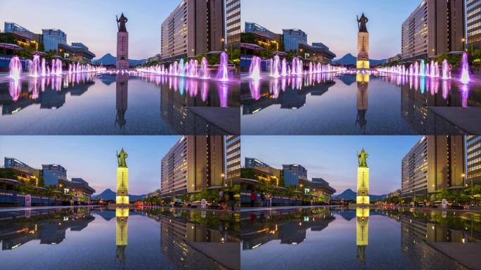 在韩国首尔市光化门广场参观彩色地板喷泉和李善新海军上将雕像的延时游客