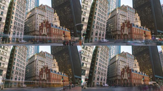 4K超高清波士顿时间推移镜头老国家大厦和市中心金融区的交通。人群旅游访问美国城市旅游城市概念