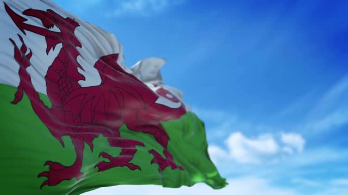 威尔士旗帜在4K分辨率的蓝天下缓缓飘扬