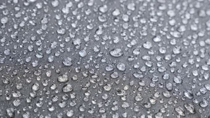 具有许多雨滴的防水材料的纹理特写4K