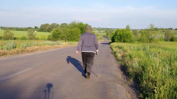 带着手杖的老人在乡间小路上走了，带着富有表现力的手势