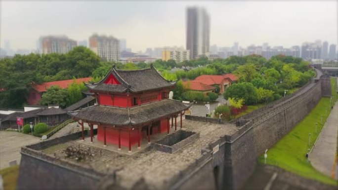 武汉市日间著名堡垒寺奇艺门空中全景4k倾斜移位中国