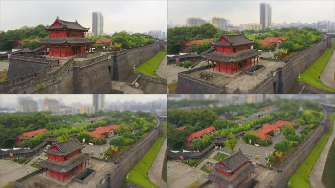 武汉市日间著名堡垒寺奇艺门空中全景4k倾斜移位中国