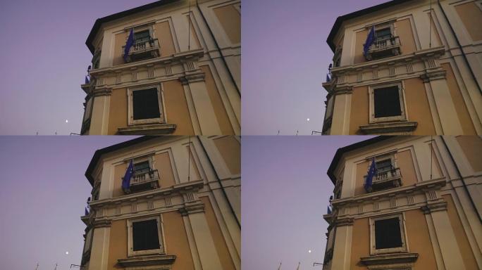 欧盟的旗帜。欧盟的旗帜悬挂在大楼上。