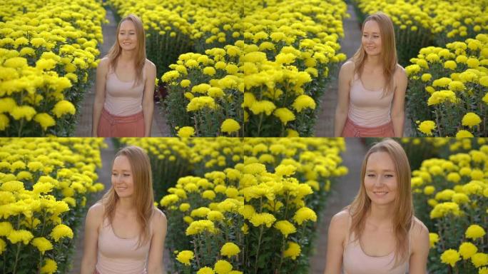 一个年轻的女人走在东亚人种植的许多黄色花朵中，以庆祝农历新年。亚洲旅游概念。慢动作视频