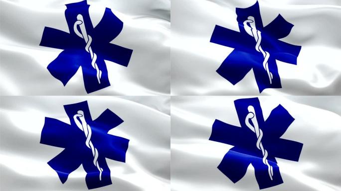 EMS 911救护车医疗服务标志视频在风中挥舞。现实的911 EMS医疗保健医疗响应标志背景。医疗保